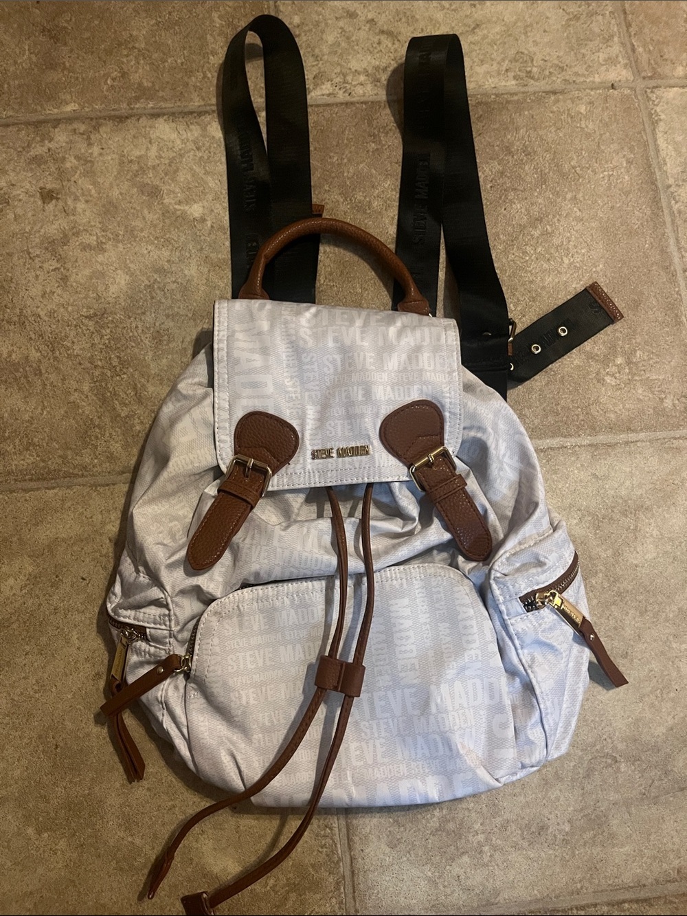 Steve Madden Solly White Canvas Backpack/Purse Brown Faux Vegan Leather Trim - Picture 8 of 8